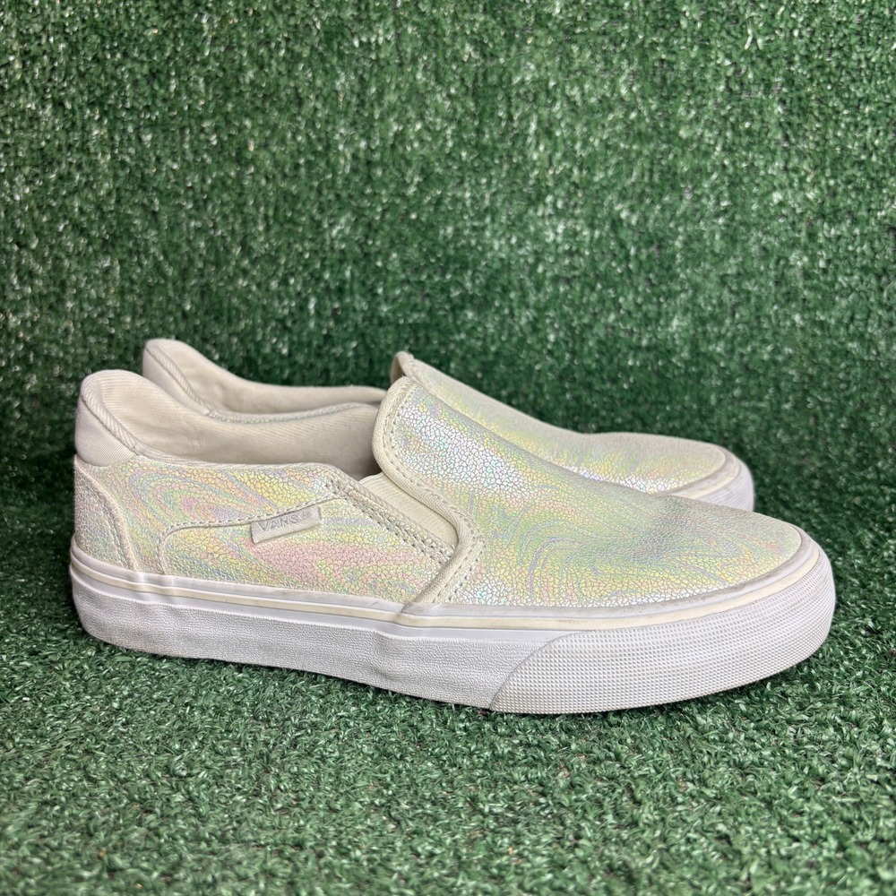 Vans Asher Slip-On Iridescent Holographic Deluxe Comfort Shoes White Womens Sz 6